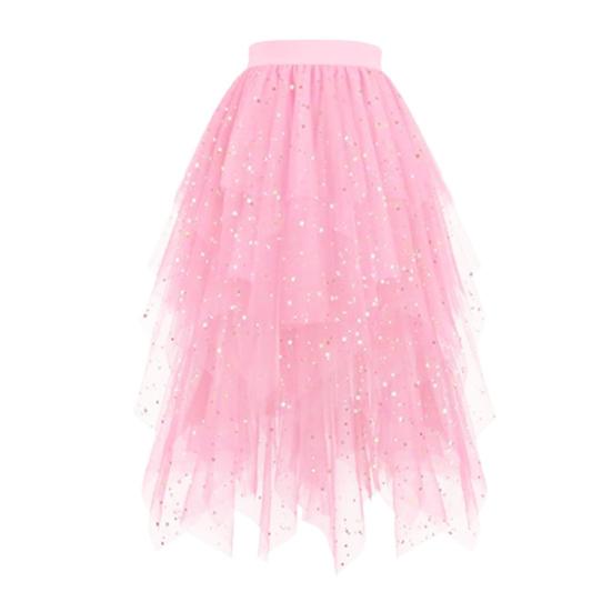 Женская юбка Звездное небо Двухслойная сетка Высокая талия Неровный подол Асимметричный высокий разрез Юбка для вечеринки/выступления