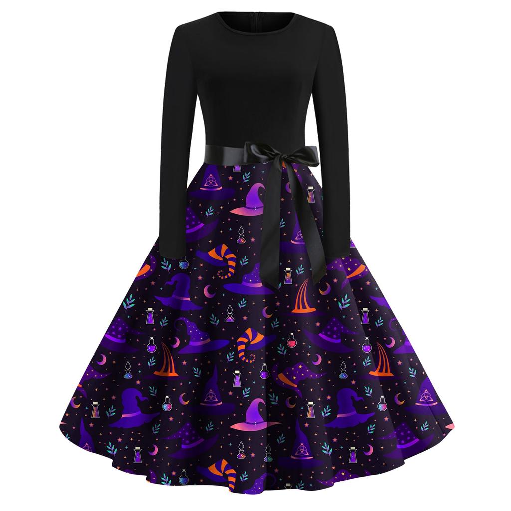 Halloween Print Flare Dress For Women Long Sleeve Dress Hollow Party Casual Dresses