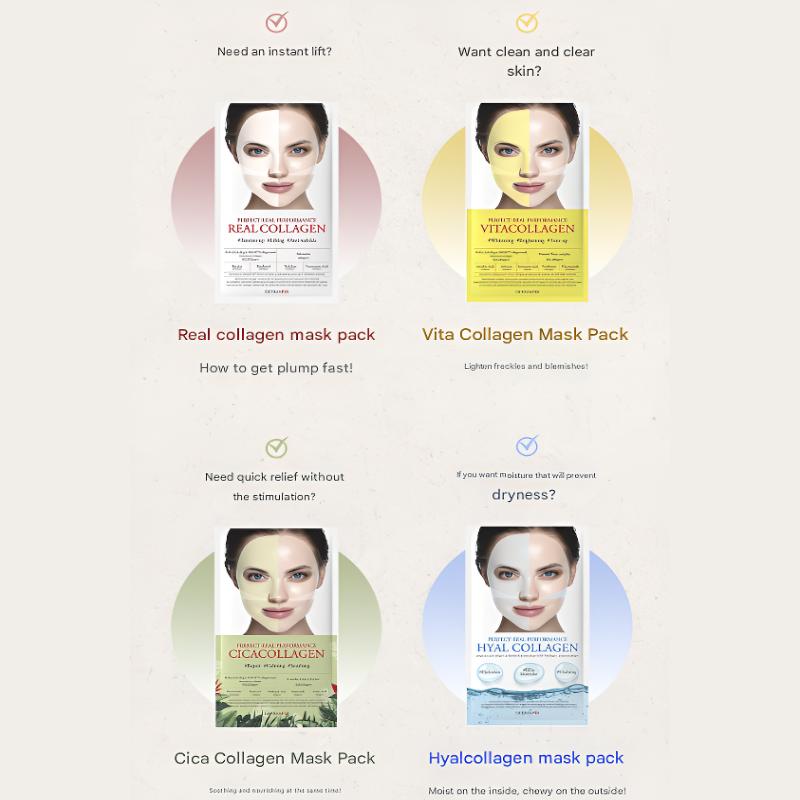 DERMAFIX Настоящая коллагеновая маска/4 типа/Укрепляющая, Успокаивающая, Осветляющая, Увлажняющая