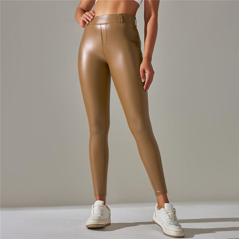 Женские модные леггинсы из искусственной кожи с высокой талией, однотонные облегающие штаны для йоги