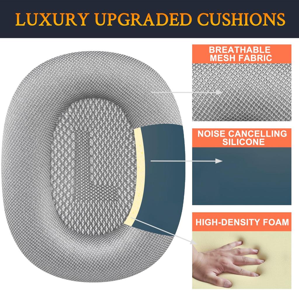 SOULWIT Сменные амбушюры и подушечки для Airpods Max Прочные сетчатые накладки на голову с мягкими пенопластовыми чашками Серебристая накладная гарнитура, -