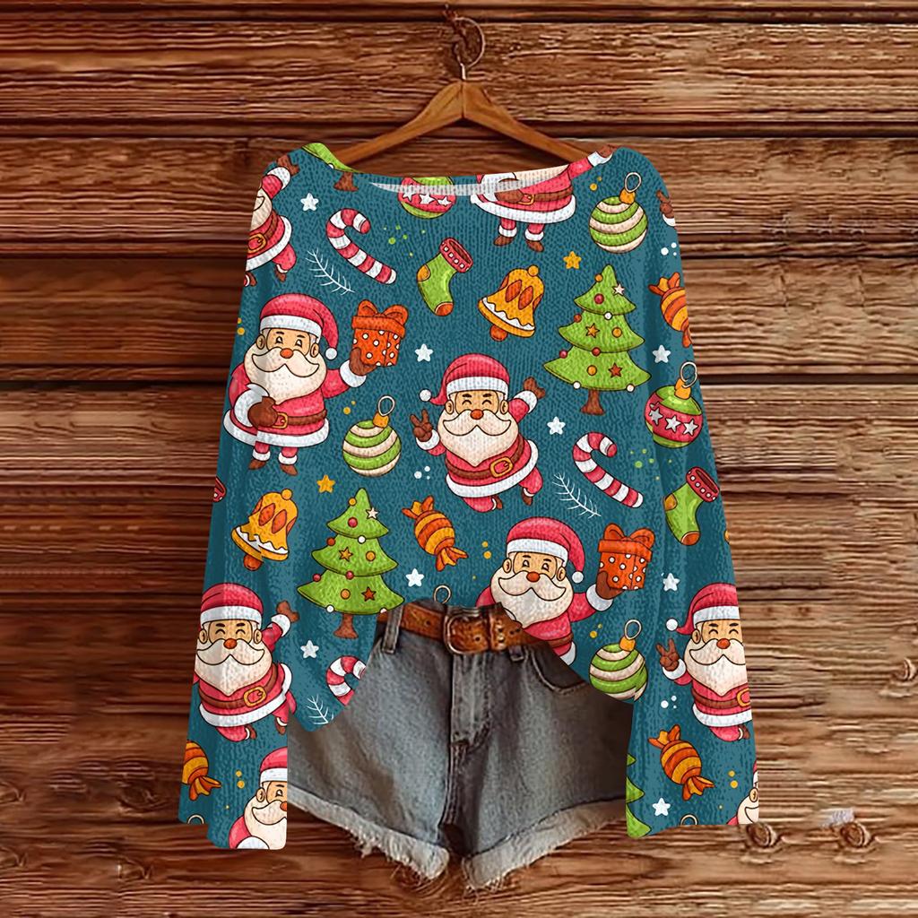 Women's Fashionable Oversized Knitwear Long-Sleeved Christmas Print Top