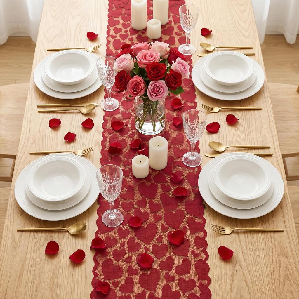 Artoid Mode Lace Jacquard Heart Love Valentine's Day Table Runner, Kitchen Dining Table Decoration for Home Party Decor 13x72 Inch