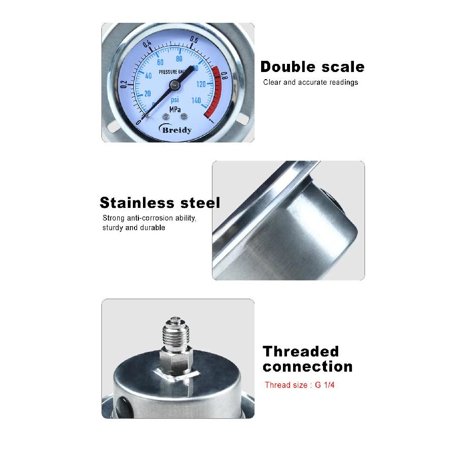Xin Tester Anti-vibration Pressure Gauge glycerin Thread G1/4 0-60Mpa Stainless Steel Air Oil Water Hydraulic Gauge YN60ZT