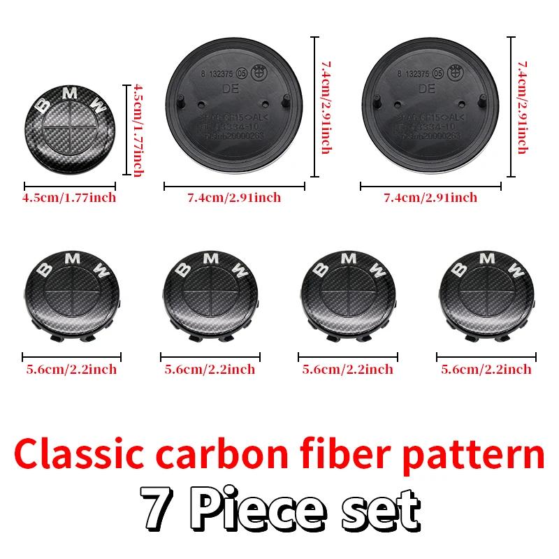 7Pcs Fiber All Black Car Wheel Center Caps Hub Cover Badge Auto Hood Front Rear Trunk Emblem For BMW  E85 E86 E89 G29 F87 G87