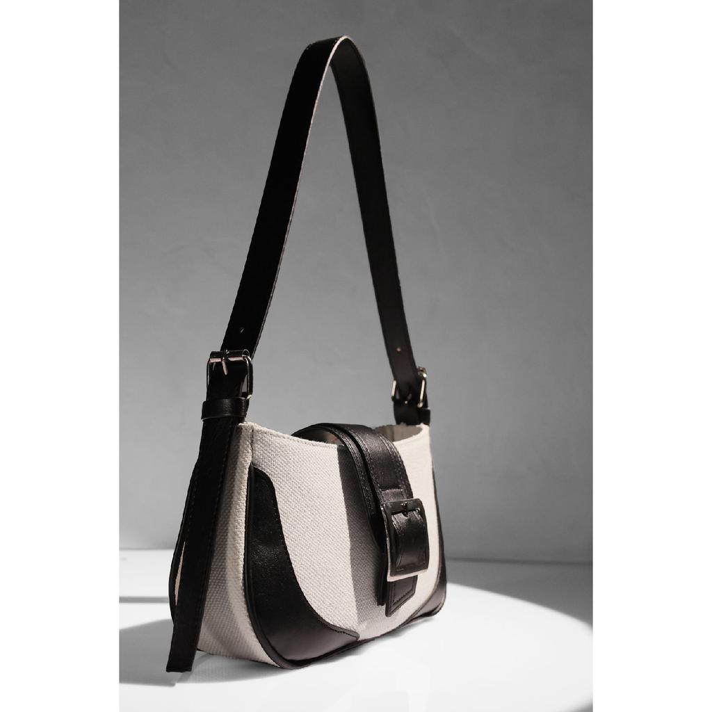 Black Linen Buckle Hand And Shoulder Bag