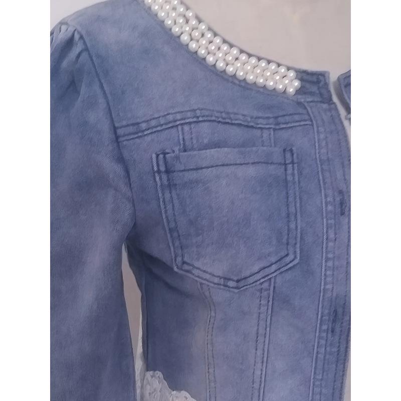 Женская куртка 2026 года, европейская и американская, большого размера, повседневная, шифоновая, джинсовая, с жемчугом