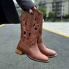 Brown Retro Western Cowboy Boots Women's 2025 New Hollow Mid Boots Embroidered Knight Boots Thick Heel Martin Boots