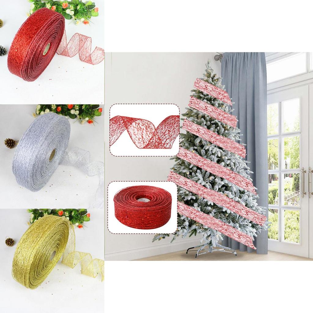 Festive 10 Meter Christmas Tree Ribbon In Colorful Gold Silver And Red Netting