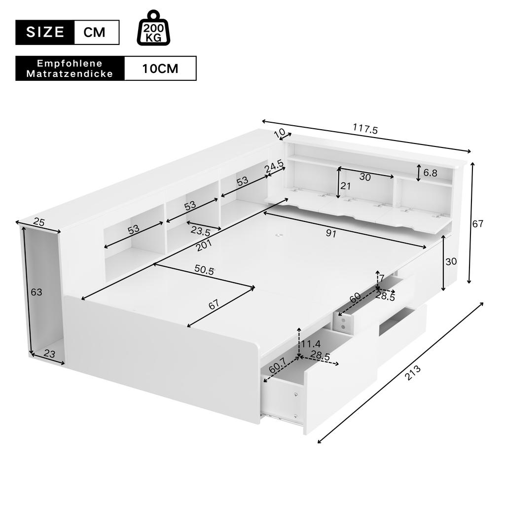 Children's Bed, 90*200cm, Single Bed, Multifunctional Bed with Drawers, Bookshelf and Storage Cabinet, Bed Box, without Mattress, White