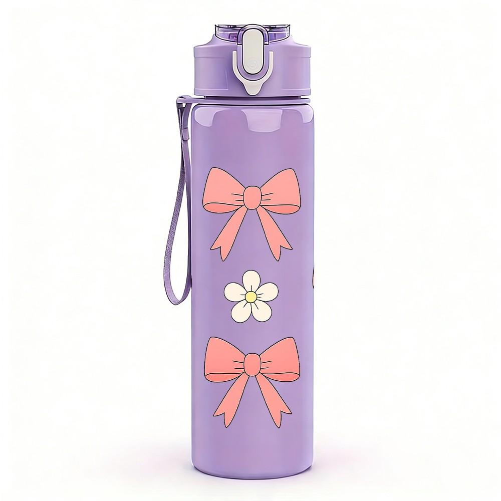 1PC Cute Pink Bow Ribbon Pattern 750ml Color Plastic Sports Water Bottle Leakproof Flip Straw Lid Suitable for Sports Office Home Use