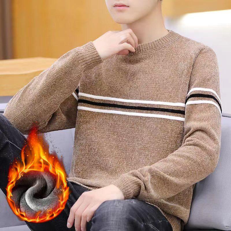 Шениловый полосатый лоскутный свитер - Мужской приталенный корейский стиль осенне-зимний трикотаж
