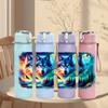 1PC Glowing Galaxy Wolf Head Print 750ml Color Plastic Sports Water Bottle Leakproof Flip Straw Lid Suitable for Sports Office Home Use