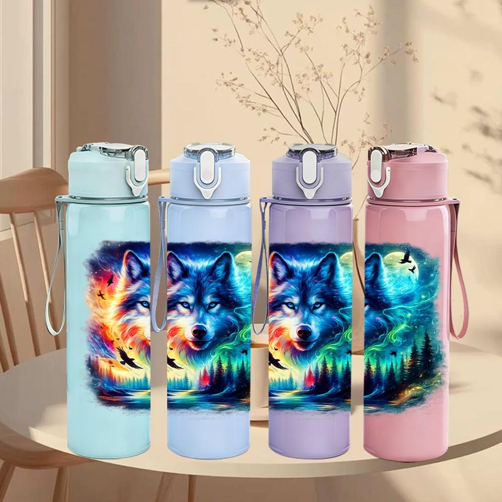 1PC Glowing Galaxy Wolf Head Print 750ml Color Plastic Sports Water Bottle Leakproof Flip Straw Lid Suitable for Sports Office Home Use