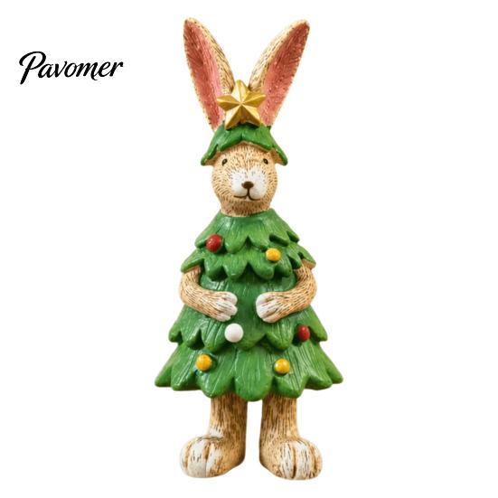 Desktop Rabbit Decorations Christmas Tree Figurine, Resin Bunny Statue in Outfit with Holiday Tabletop Star Top, Cute Decor for Home Bookshelf Mantel,