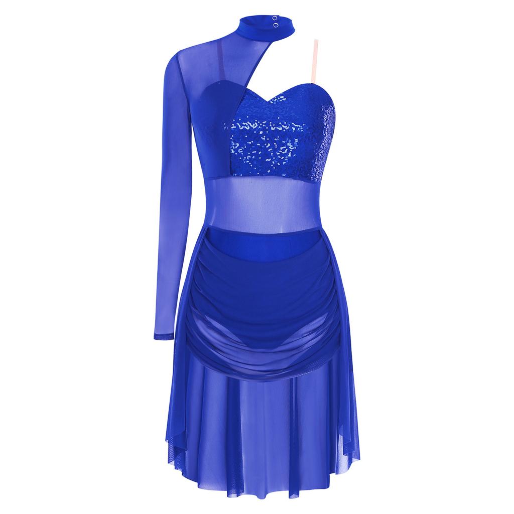 Женский лирический костюм для танца Водолазка Регулируемые бретели-спагетти На одно плечо Один рукав Леотард с пайетками