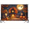 Halloween decoration banner, polyester, with a spooky pumpkin lantern background beneath a full moon