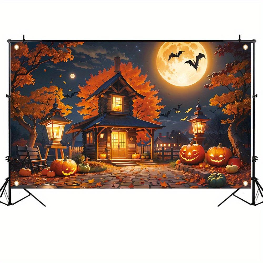 Halloween decoration banner, polyester, with a spooky pumpkin lantern background beneath a full moon