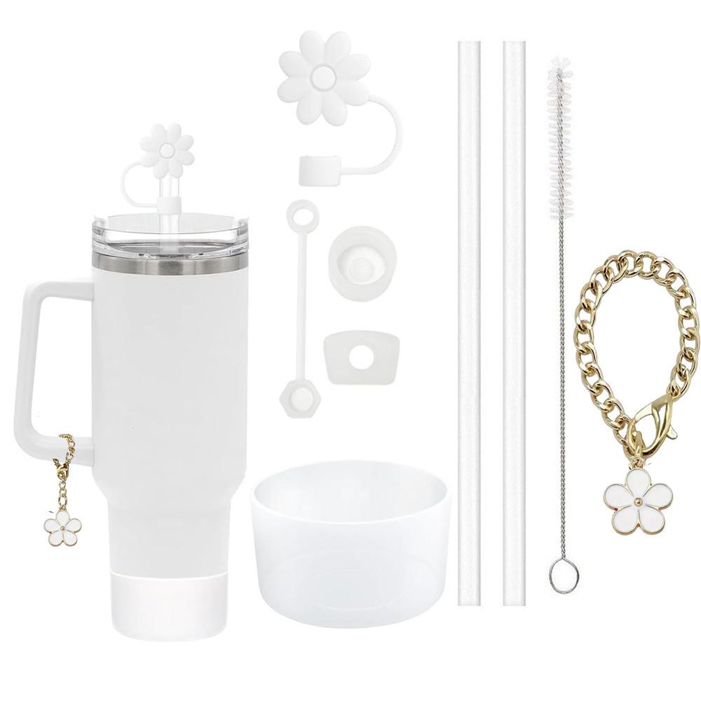 9pcs Accessories Set 3 Spill Proof Stopper Flowers Straw Cover Boot 2 Straw and Brush and 1 Flower Charm Chain for Cup