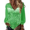 Women V-neck Sequin Long Sleeved Shirt Solid Color Loose Blouse Top Streetwear