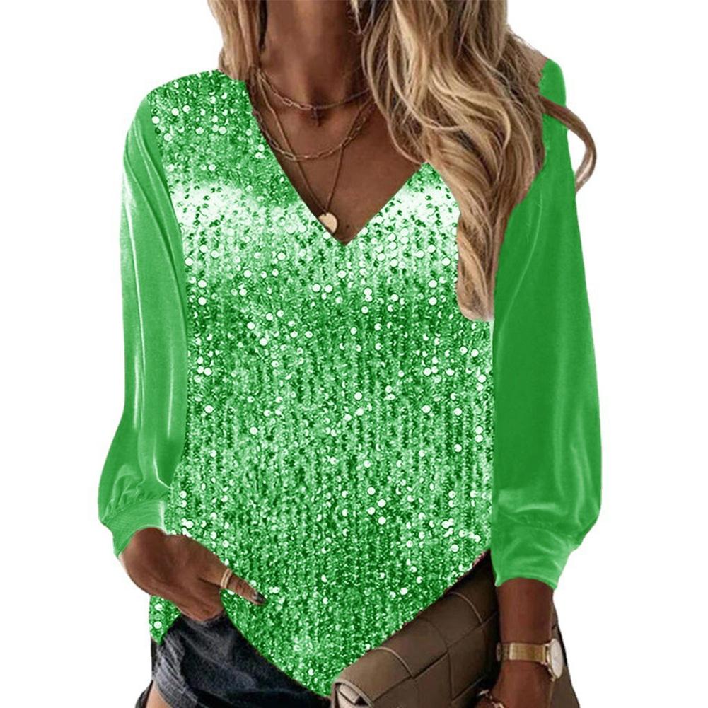 Women V-neck Sequin Long Sleeved Shirt Solid Color Loose Blouse Top Streetwear