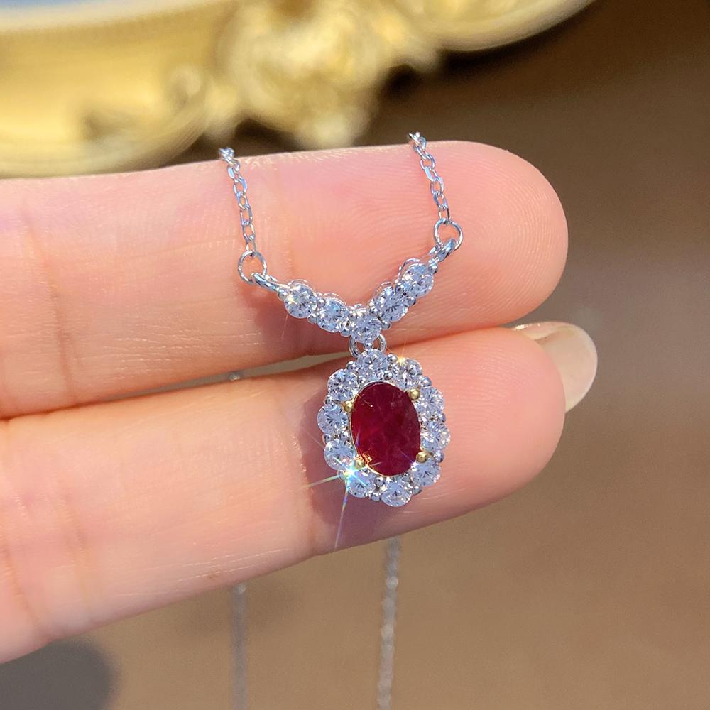Natural Red Ruby Pendant Necklace S925 Sterling Silver Fine Jewelry for Women Fashion Gemstone Charm Anniversary Gift
