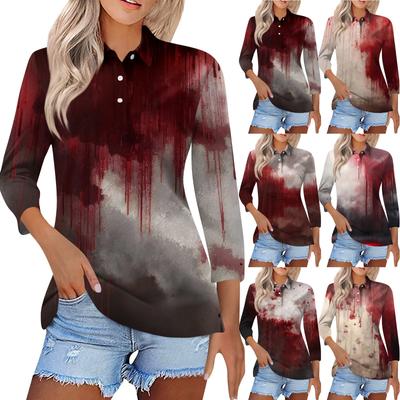 Женская модная повседневная рубашка с лацканами и рукавом 3/4 с принтом на Хэллоуин, женские топы на пуговицах