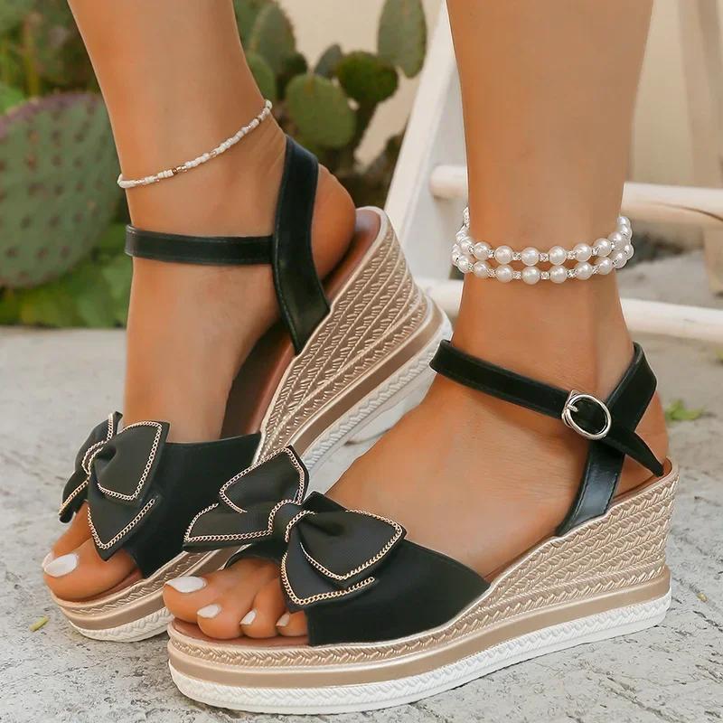 Fashion Lovely Girls Beige Bowtie Sandals Comfortable Platform Wedge Heels Shoes Woman Open Toe Ankle Strap Size35 42 Sandalias Mujer