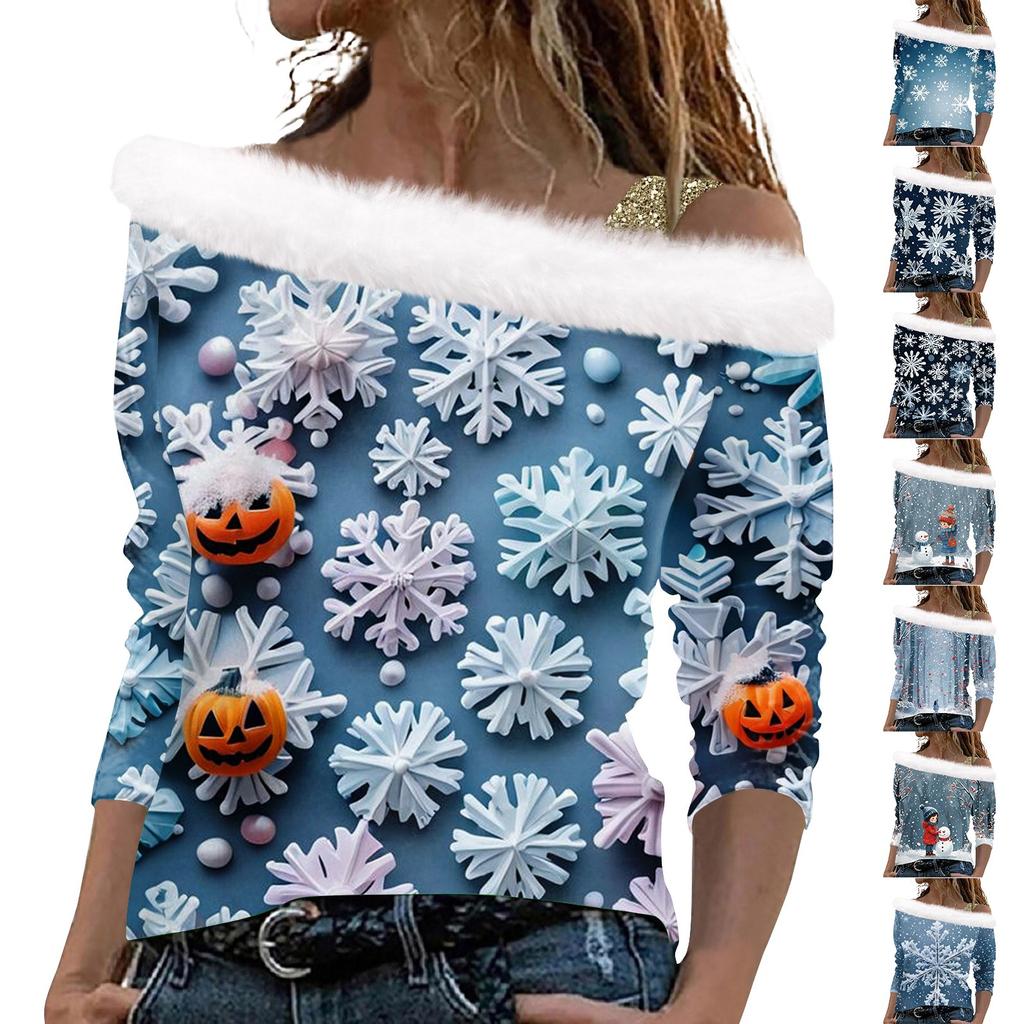 Женский повседневный свободный топ с длинными рукавами и рождественским принтом из плюша