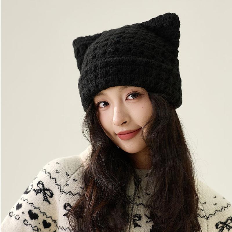 Шерстяная шапка с кошачьими ушками Осень Зима Большая голова Теплая Защита ушей Вязаная шапка