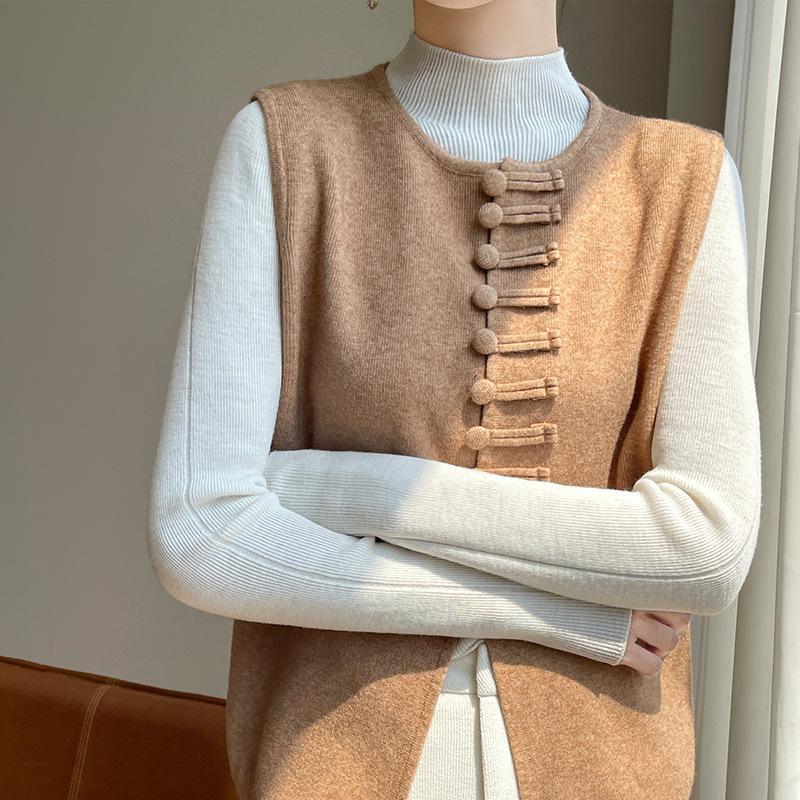 New Chinese Round Neck Plate Buckle Knitted Waistcoat Women's Casual Autumn and Winter Stacked Sleeveless Tops