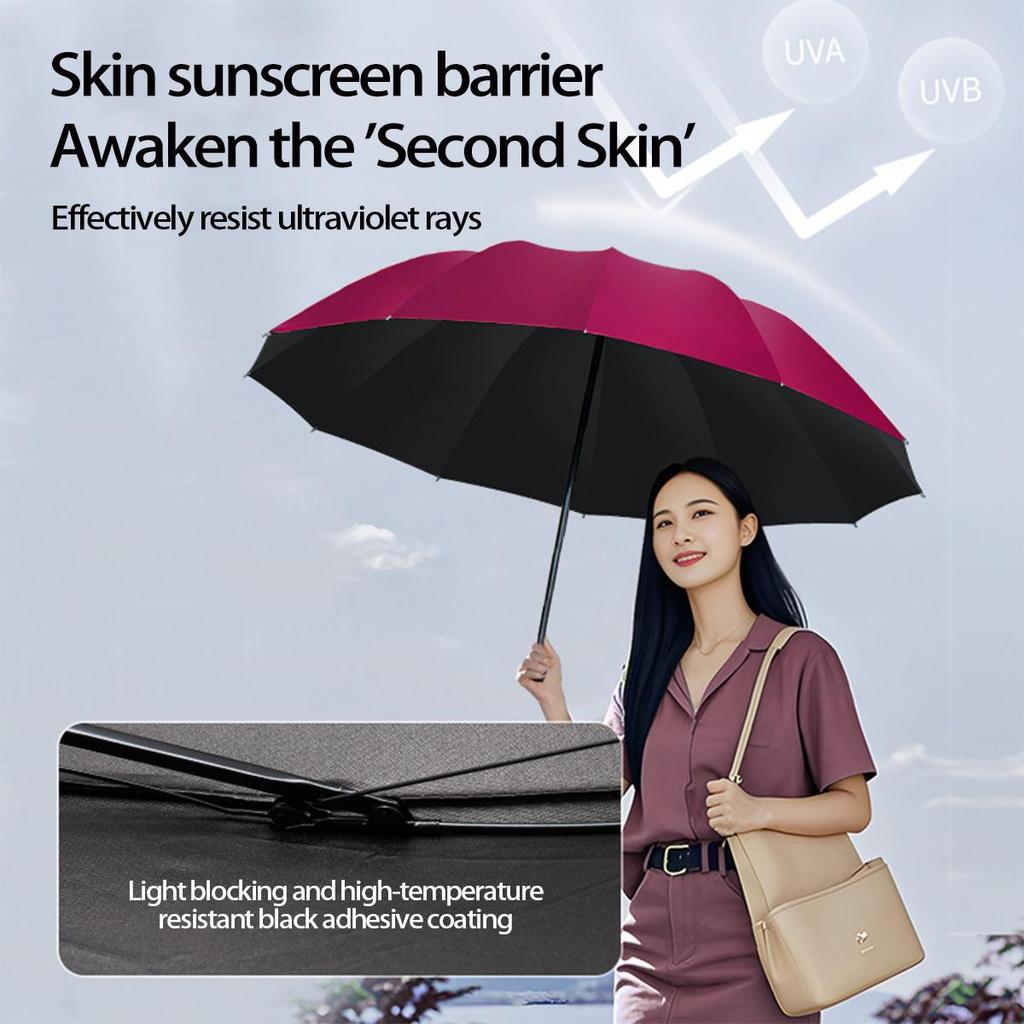 Twelve-Bone Oversized Women's Umbrella: Black UV Protection for Sun & Rain