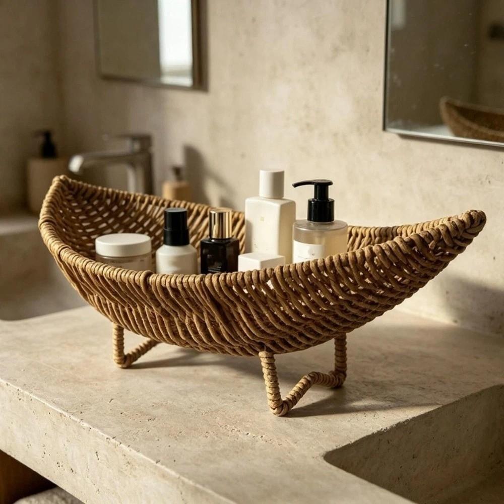 Large Capacity Plastic Hand-Woven Basket Hollow Drain Camping Tray Desktop Organizer Picnic Use