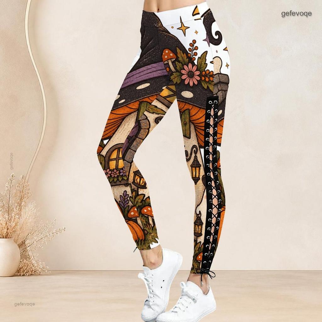 Women Plus Size High Waist Printed Leggings Side Eyelet Lace Up Full Length Fitted Pants