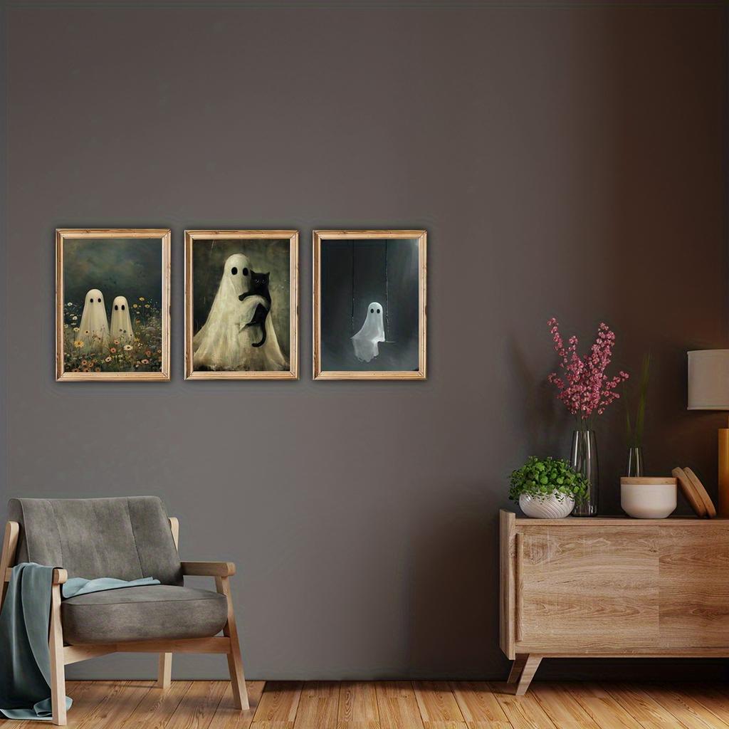 Retro Ghost and Black Cat Animal Canvas Prints Ghost Couple Flower Wall Art Posters for Modern Living Room Halloween Home Decor