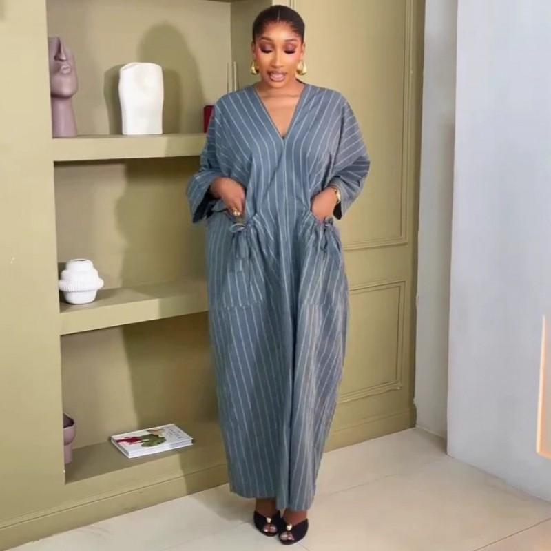 Womens Loose V-Neck Striped Midi Dress With 3/4 Sleeves Large Pockets Casual A-Line Outfit