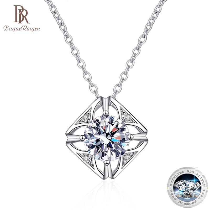 Bague Ringen Ожерелье из чистого серебра 925 пробы для женщин, 1 карат, VVS, муассанит, ювелирные изделия с бриллиантами, классический квадратный кулон, цепочка на ключицу