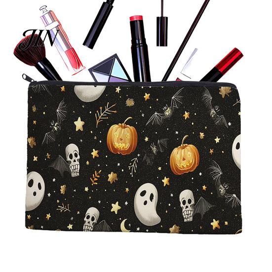 Portable Zippered Pouch Halloween Storage Bag, with Pumpkin Ghost Pattern Design, Thickened Wear Resistant Canvas Bag Cosmetic Organizer, for