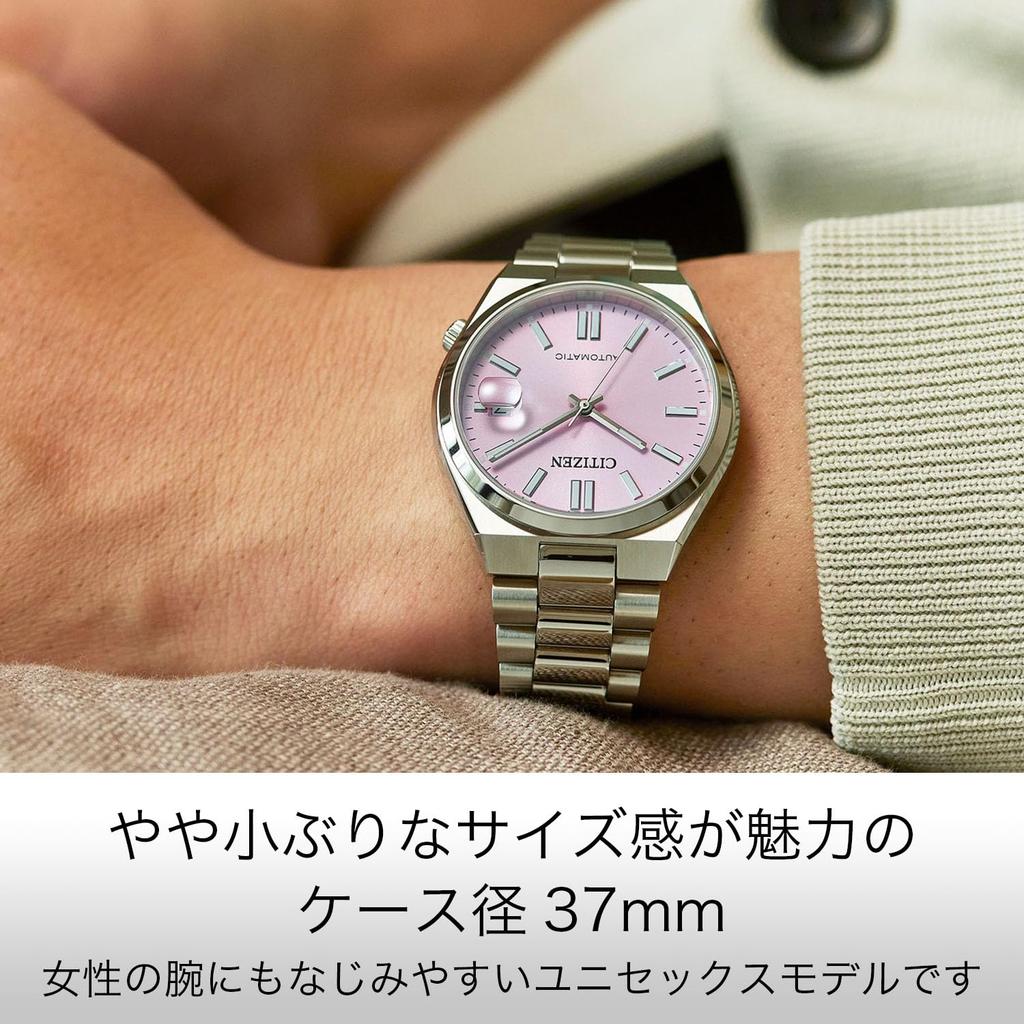 Citizen TSUYOSA 37 мм Автоматические часы с датой Розовые и Деловые Простые Механические Роскошные Серебристые Прозрачная задняя крышка, Водонепроницаемые, Отображение, Серебристый, Стиль,