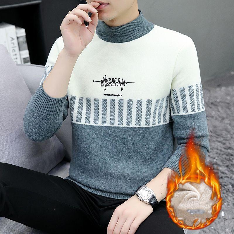 Men's Autumn Winter Turtleneck Flocking Letter Pullover Solid Long Sleeve Sweater Knitted Casual Undershirt Vintage Loose Tops