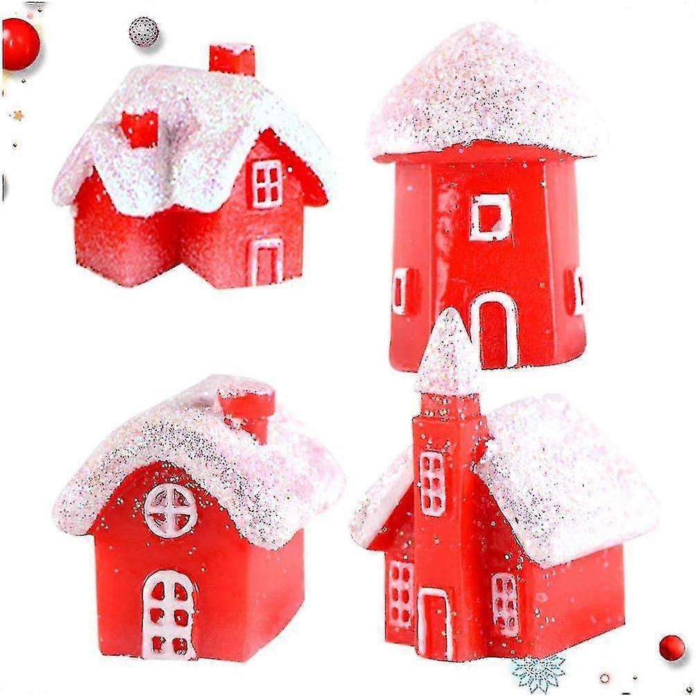 Miniature Christmas Village Houses Mini Christmas Glitter Snow Villa House Ornaments Christmas Decoration For Dollhouse Fairy Garden4pcsred