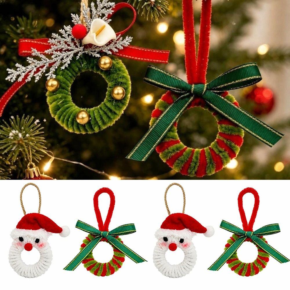 Striped Mini Christmas Wreath Santa Claus Xmas Hanging Ornament Plush Door Hanging Door Decor