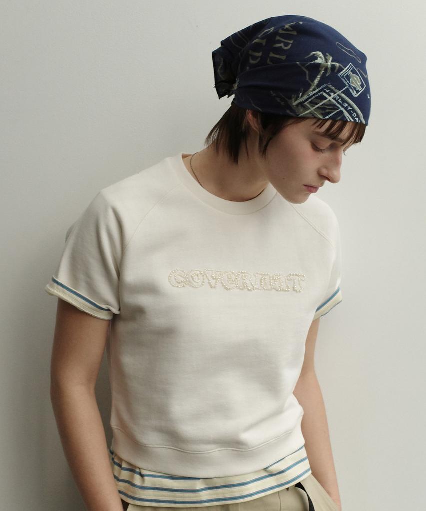 COVERNAT WOMAN Crop Pearl Copper Logo Half Sweatshirt Ivory