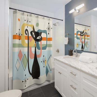 Занавеска для душа в стиле модерн середины века «Атомный кот» - Дизайн светло-бежевого цвета, Уникальный подарок на свадьбу и новоселье