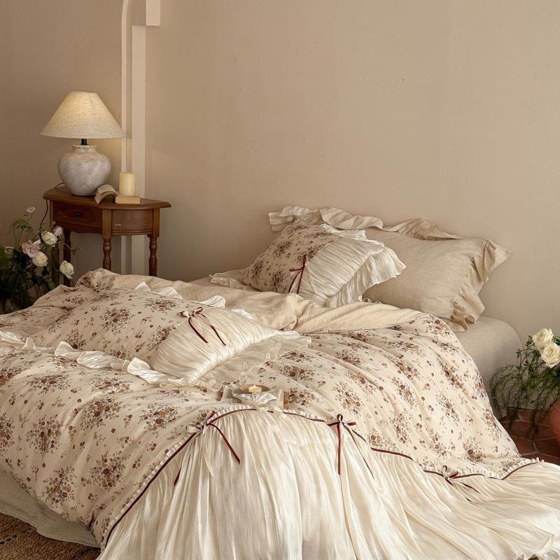 Chunti Rose < unk > French Romantic Girl Cotton and Linen Four-piece Linen Blended Glazed Yarn Bow Quilt Cover Bedding