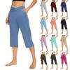 Women  Elastic High Waist 3/4 Pant Casual Active  Fit Wide Capris Leg Pants Trousers With Pockets