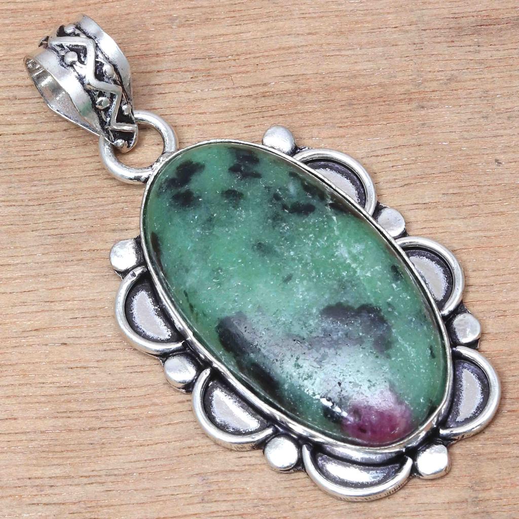 Кулон Рубин Цоизит Драгоценный камень Ручная работа Подарок на День святого Валентина Серебряные украшения 2"