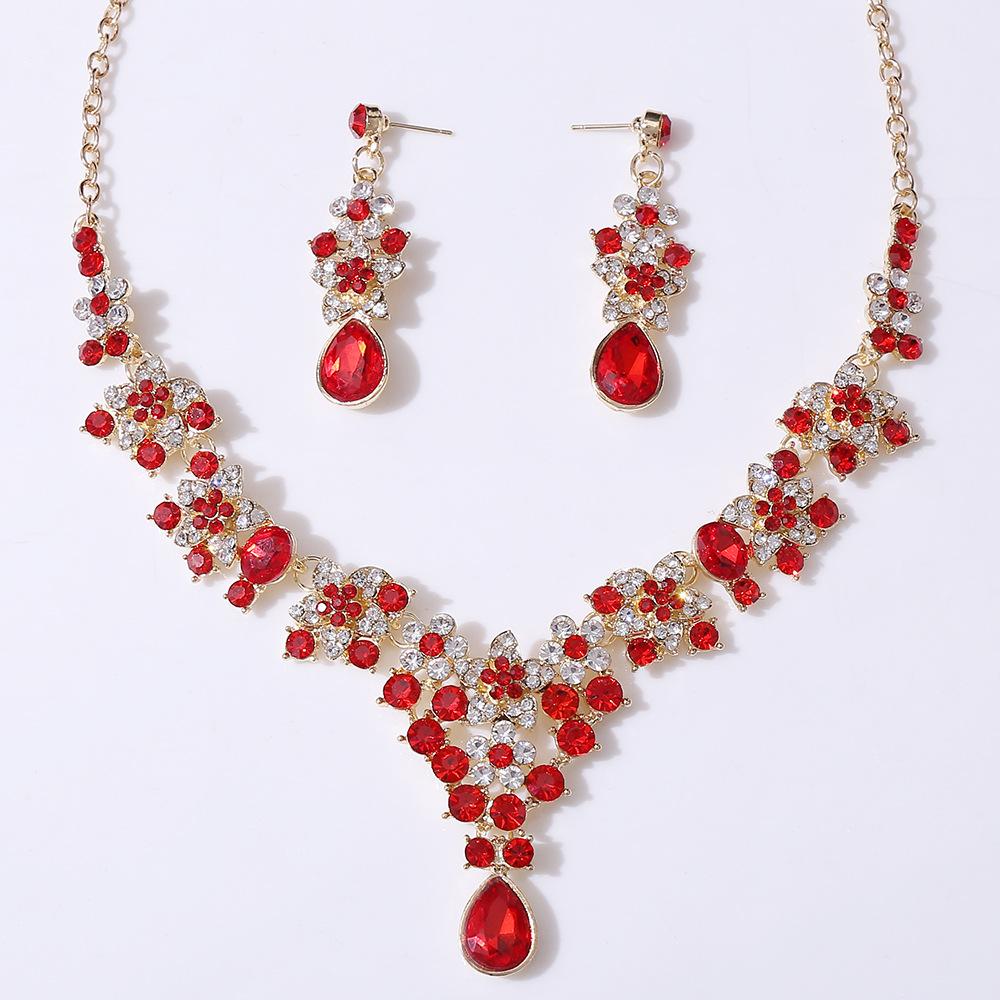 European and American fashion temperament multi-color crystal bridal necklace set Versatile necklace earrings rhinestone two-piece set