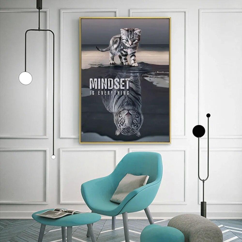 Animal Canvas Painting Cat and Tiger Mindset Is Everything Motivation Modern Canvas Wall Art Inspirational Quote Print On Canvas