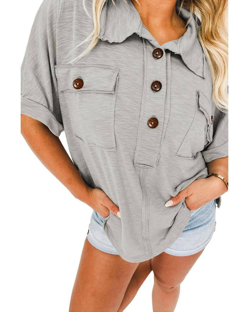 Azura Exchange Light Grey Chest Pockets Half Buttoned Collared Blouse